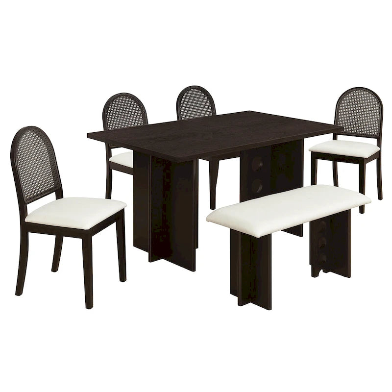 Ensemble de salle à manger moderne 6 pièces avec table à double pied, 4 chaises et 1 banc