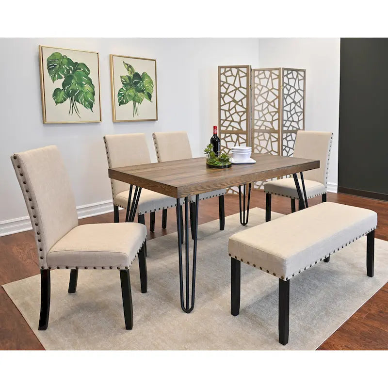 Mid-Century Modern Rectangular Dining Table with Brass Nailhead Chairs and Metallic Hairpin Legs for Kitchen Living Room