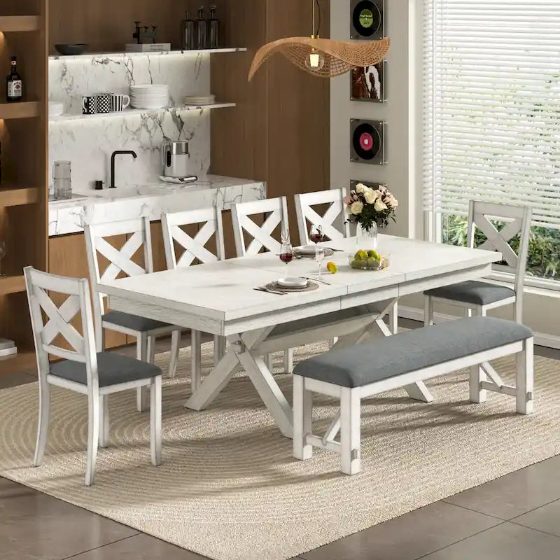 VECELO Ensemble table à manger avec banc, table à manger rectangulaire extensible en bois massif et 4 chaises de salle à manger en bois massif