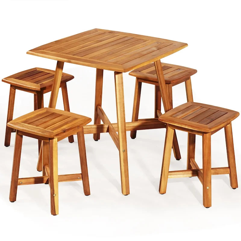 Costway Ensemble repas de jardin 5 pièces en acacia avec table carrée et 4 tabourets rougeâtre