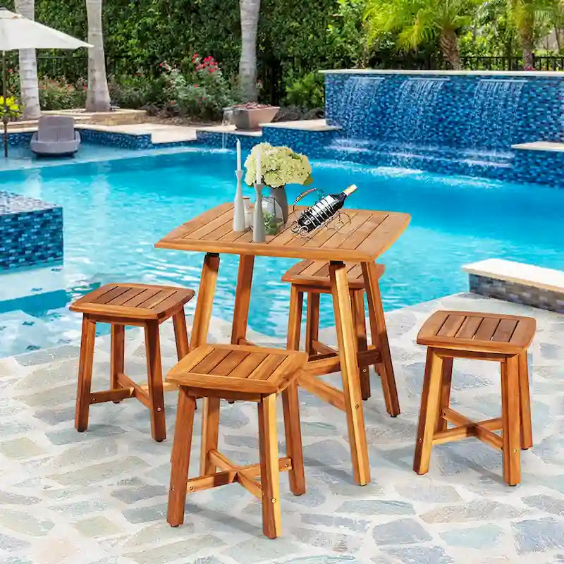 Costway Ensemble repas de jardin 5 pièces en acacia avec table carrée et 4 tabourets rougeâtre