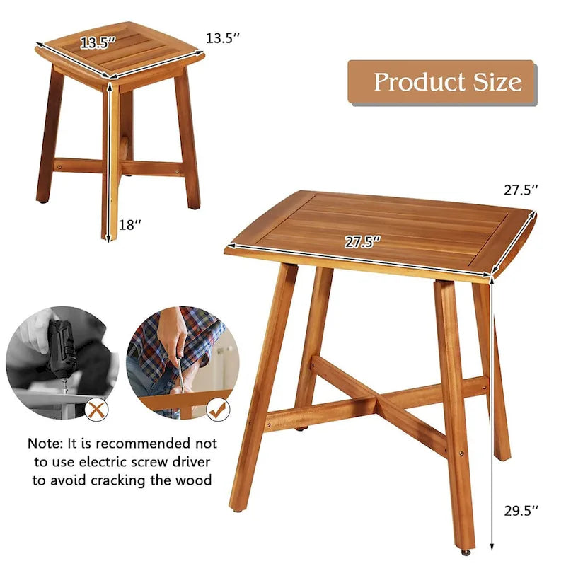 Costway Ensemble repas de jardin 5 pièces en acacia avec table carrée et 4 tabourets rougeâtre