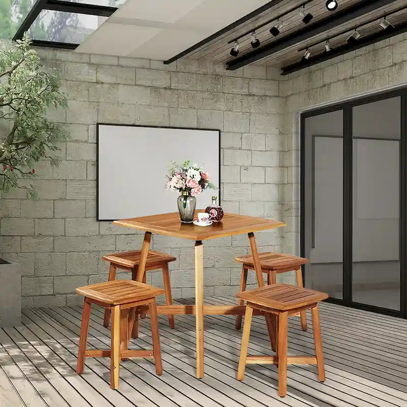 Costway Ensemble repas de jardin 5 pièces en acacia avec table carrée et 4 tabourets rougeâtre