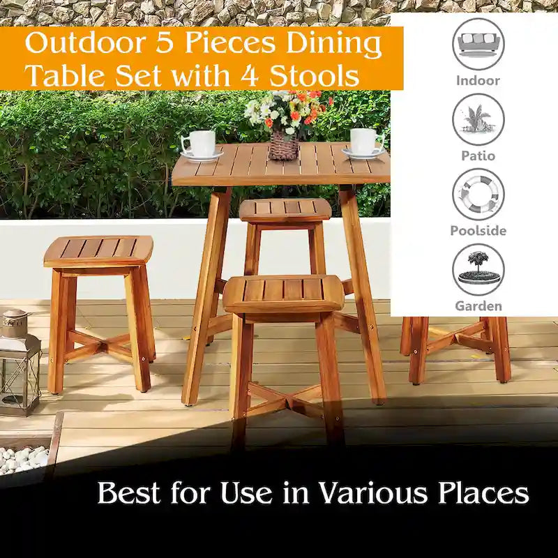 Costway Ensemble repas de jardin 5 pièces en acacia avec table carrée et 4 tabourets rougeâtre