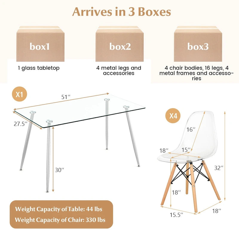 Costway Ensemble Table à Manger 5 Pièces, Table Rectangulaire en Verre Moderne 51 & 4