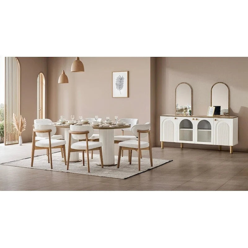 Table à manger ovale Blin 8 pièces, ensemble de 6 chaises de salle à manger avec pieds en bois et buffet 72 avec miroir