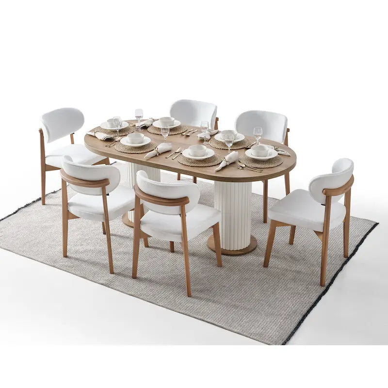 Table à manger ovale Blin 8 pièces, ensemble de 6 chaises de salle à manger avec pieds en bois et buffet 72 avec miroir