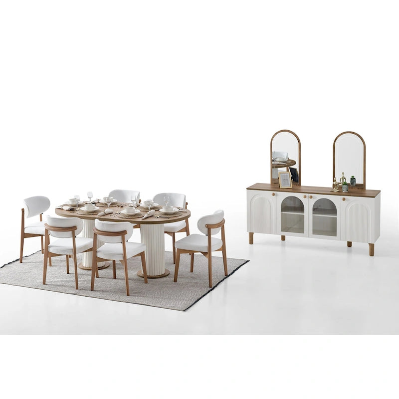 Table à manger ovale Blin 8 pièces, ensemble de 6 chaises de salle à manger avec pieds en bois et buffet 72 avec miroir