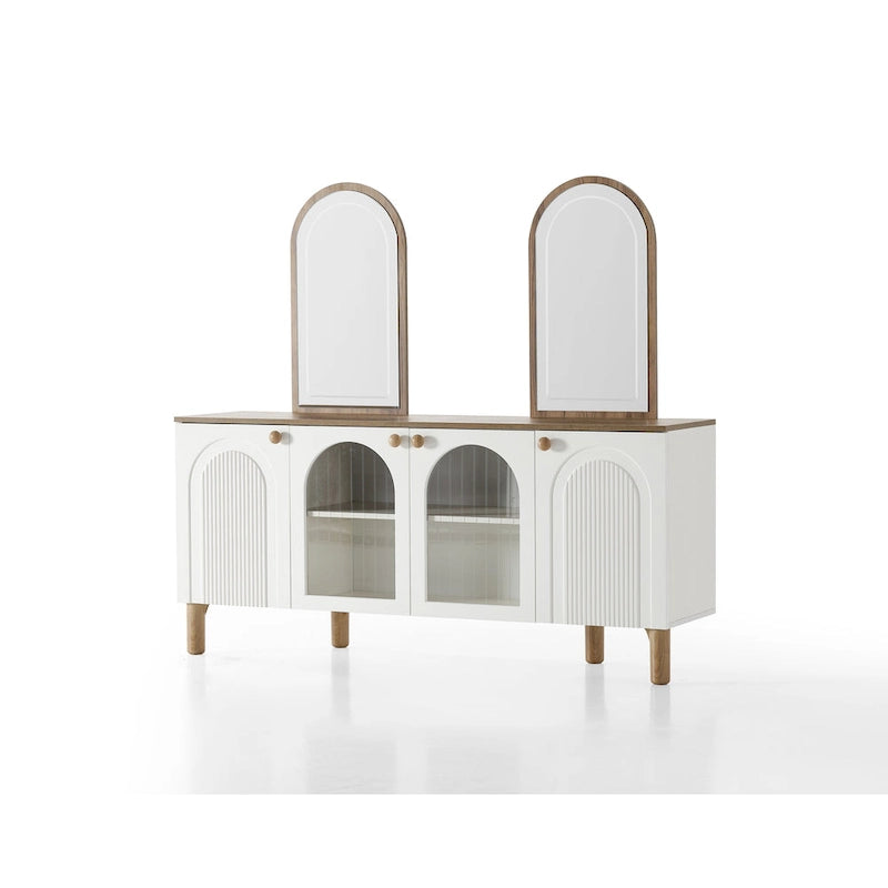 Table à manger ovale Blin 8 pièces, ensemble de 6 chaises de salle à manger avec pieds en bois et buffet 72 avec miroir