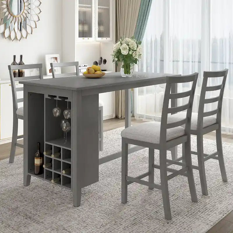 Multi-Functional Counter Height Dining Set Kitchen Bar Dining Table Set with 9 Wine Compartment Wine Glass Holders for Kitchen