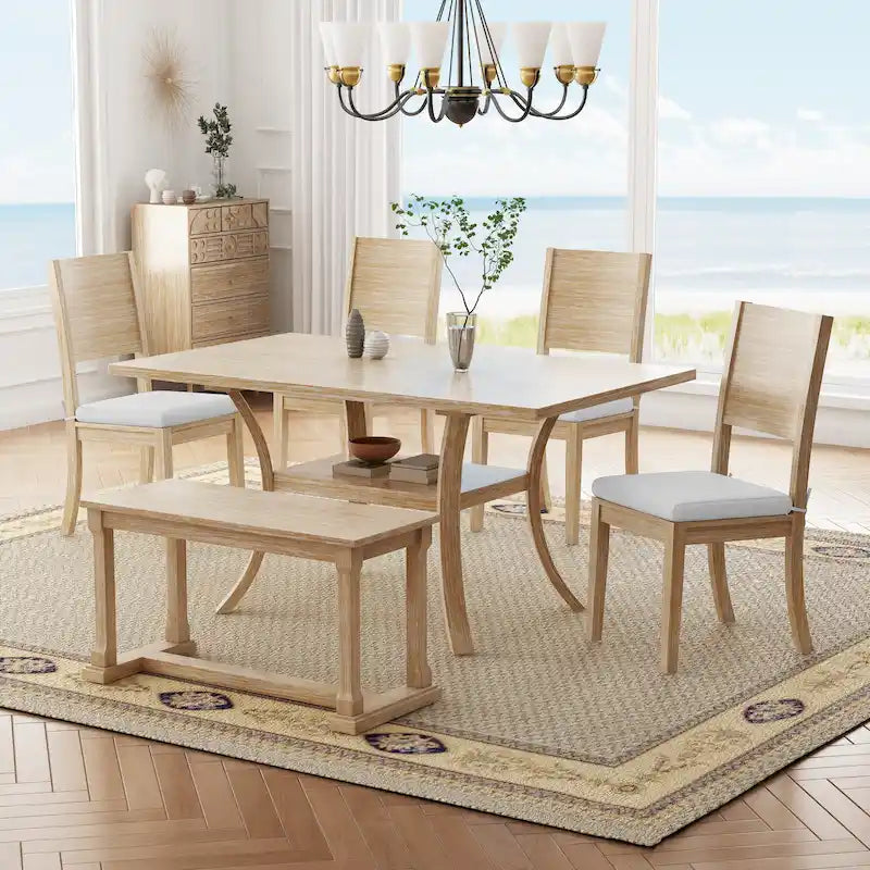 Ensemble de salle à manger 6 pièces avec étagère de rangement et pieds incurvés, ensemble de salle à manger avec banc et 4 chaises de salle à manger