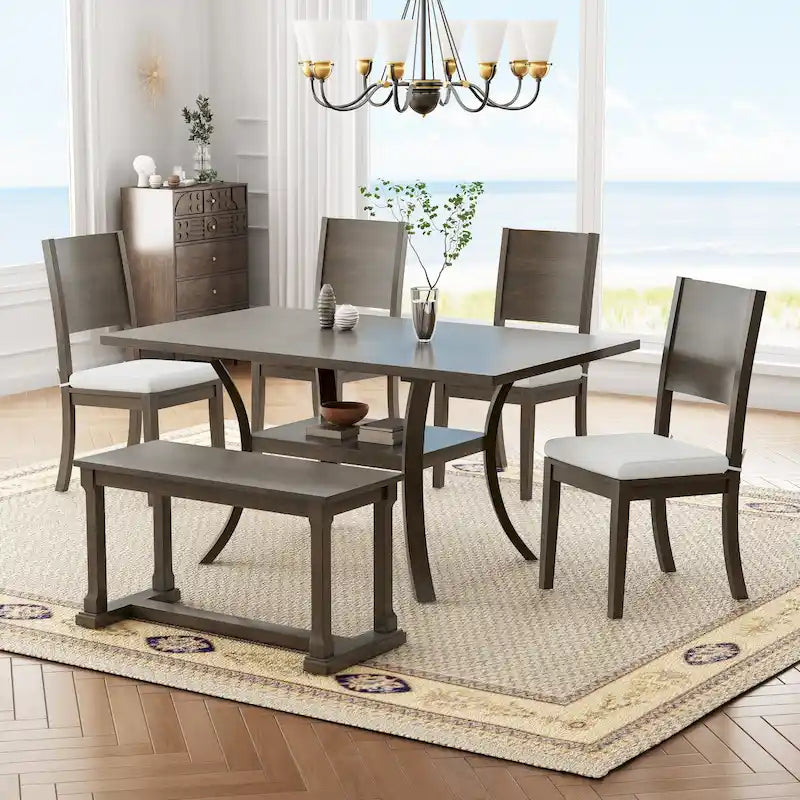 Ensemble de salle à manger 6 pièces avec étagère de rangement et pieds incurvés, ensemble de salle à manger avec banc et 4 chaises de salle à manger
