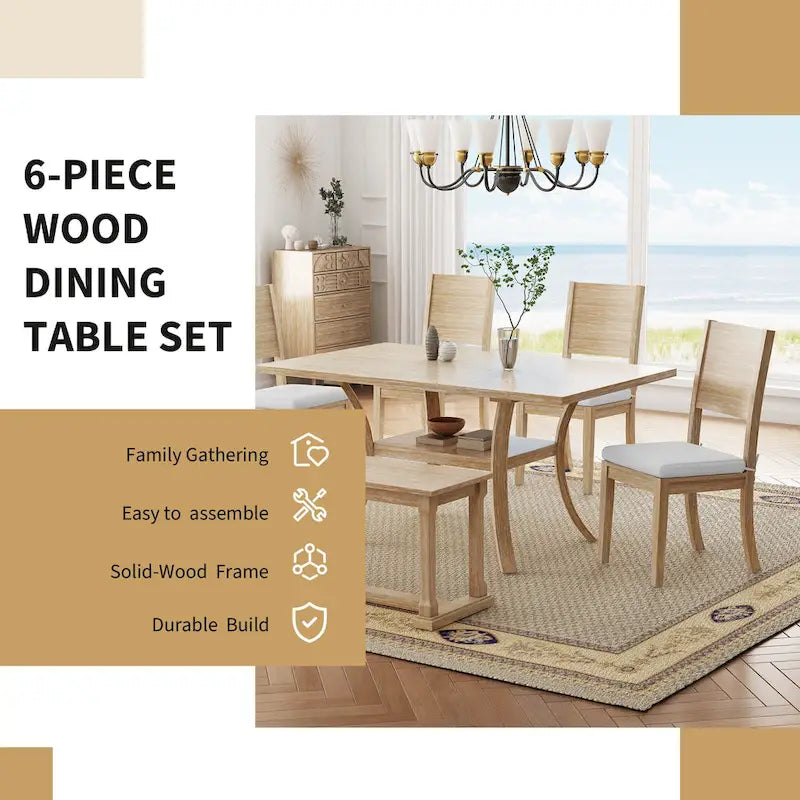 Ensemble de salle à manger 6 pièces avec étagère de rangement et pieds incurvés, ensemble de salle à manger avec banc et 4 chaises de salle à manger