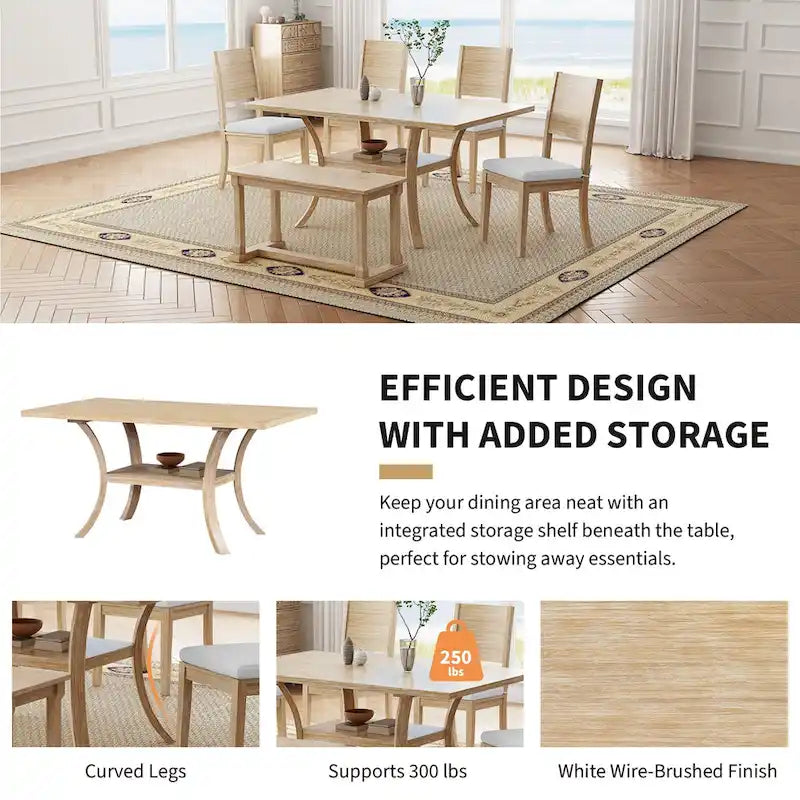 Ensemble de salle à manger 6 pièces avec étagère de rangement et pieds incurvés, ensemble de salle à manger avec banc et 4 chaises de salle à manger