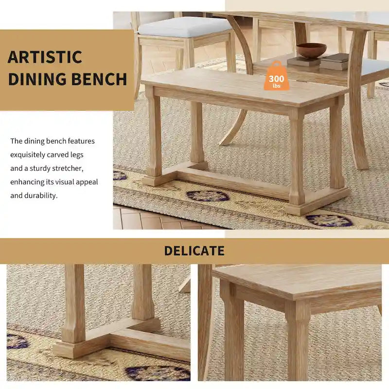 Ensemble de salle à manger 6 pièces avec étagère de rangement et pieds incurvés, ensemble de salle à manger avec banc et 4 chaises de salle à manger