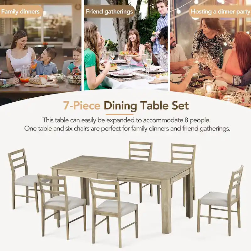 Ensemble de meubles en bois 7 pièces, ensemble de table de cuisine extensible avec rallonge et 2 tiroirs, 6 chaises de salle à manger rembourrées