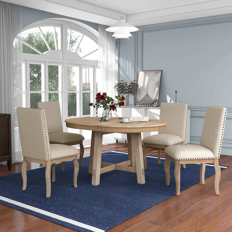 Ensemble de salle à manger 5 pièces, ensemble de table à manger ronde en bois avec table à manger extensible et 4 chaises de salle à manger rembourrées
