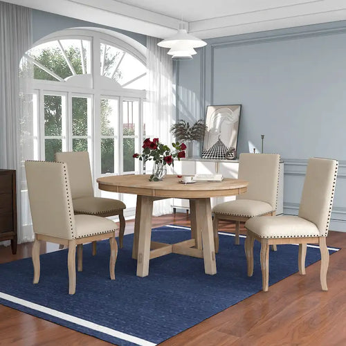 5 Piece Dining Table Set, Wooden Round Kitchen Dining Table Set with Extendable Dining Table and 4 Upholstered Dining Chairs