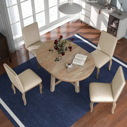 Ensemble de salle à manger 5 pièces, ensemble de table à manger ronde en bois avec table à manger extensible et 4 chaises de salle à manger rembourrées