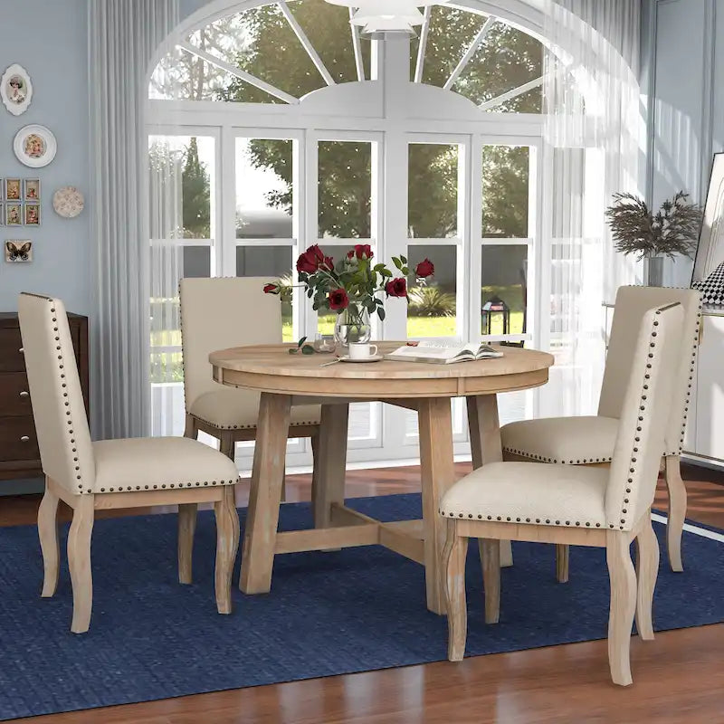 Ensemble de salle à manger 5 pièces, ensemble de table à manger ronde en bois avec table à manger extensible et 4 chaises de salle à manger rembourrées