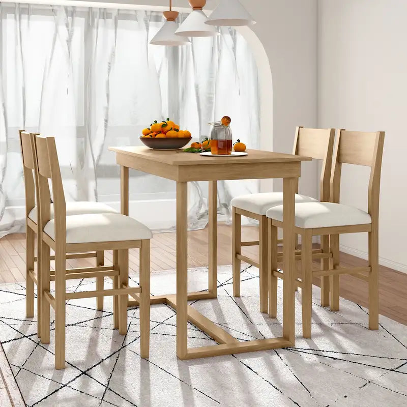Ensemble de salle à manger 5 pièces à hauteur de comptoir, ensemble de table de cuisine en bois massif avec table à manger rectangulaire et 4 chaises de salle à manger