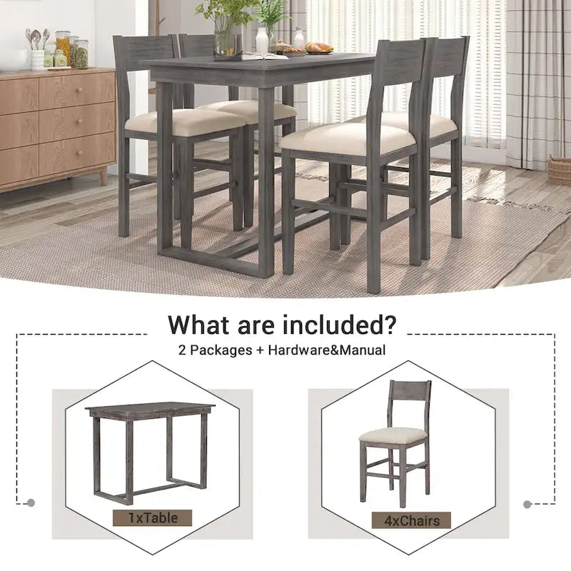 Ensemble de salle à manger 5 pièces à hauteur de comptoir, ensemble de table de cuisine en bois massif avec table à manger rectangulaire et 4 chaises de salle à manger