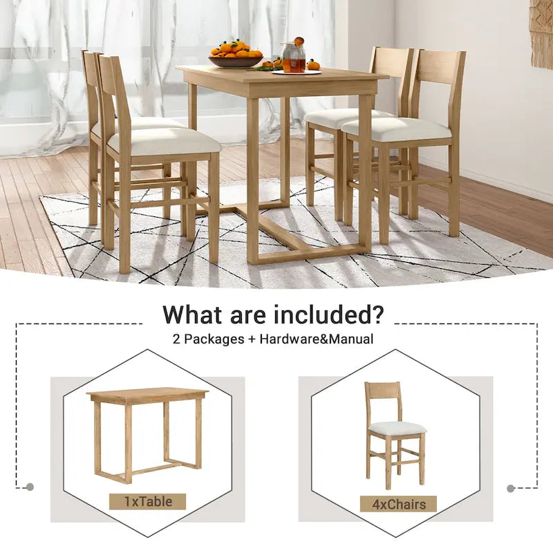 Ensemble de salle à manger 5 pièces à hauteur de comptoir, ensemble de table de cuisine en bois massif avec table à manger rectangulaire et 4 chaises de salle à manger