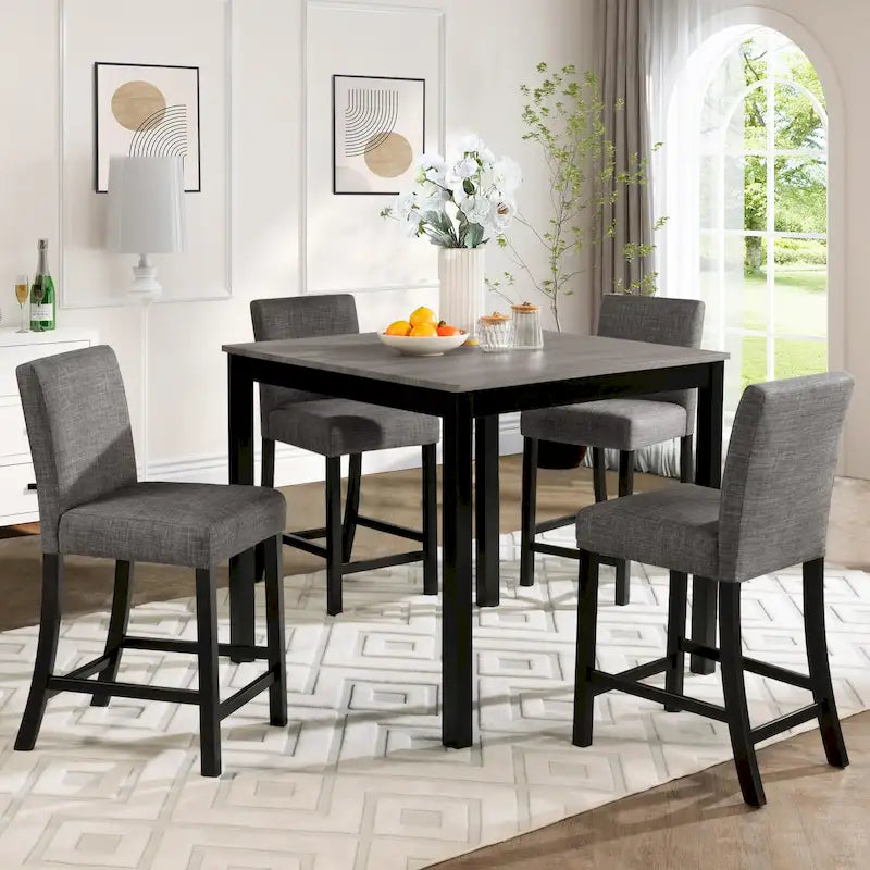 Ensemble table de bar 5 pièces, ensemble table et chaises de cuisine en bois avec table carrée et 4 chaises rembourrées