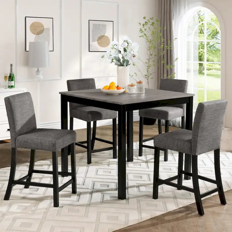 5 Piece Counter Height Table Set, Wooden Kitchen Table and Chairs Set with Square Table and 4 Upholstered Chairs