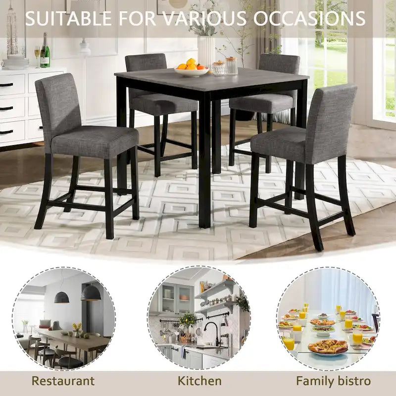 Ensemble table de bar 5 pièces, ensemble table et chaises de cuisine en bois avec table carrée et 4 chaises rembourrées