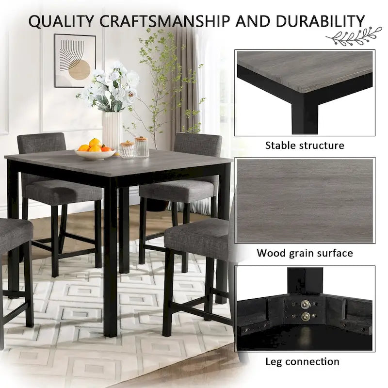 Ensemble table de bar 5 pièces, ensemble table et chaises de cuisine en bois avec table carrée et 4 chaises rembourrées