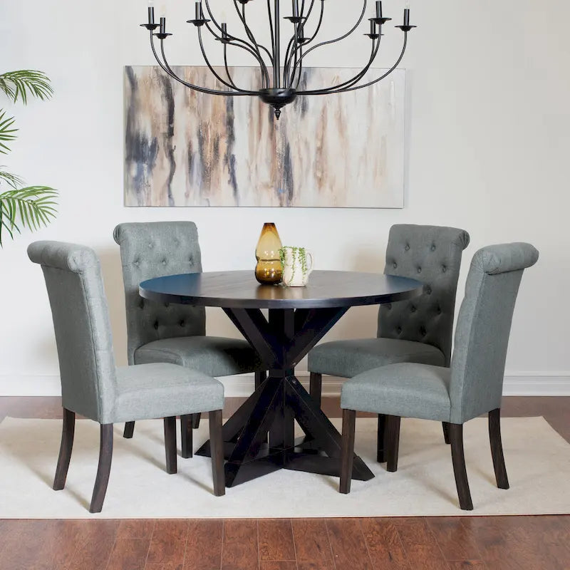 5 Piece Round Dining Table Set, Dining Room Furniture Set with Cross-Buck Dining Table and 4 Upholstered Chairs