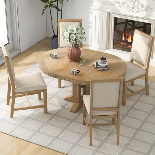 Ensemble de 5 meubles de cuisine en bois, ensemble de table à manger ronde extensible avec rallonge amovible et 4 chaises rembourrées