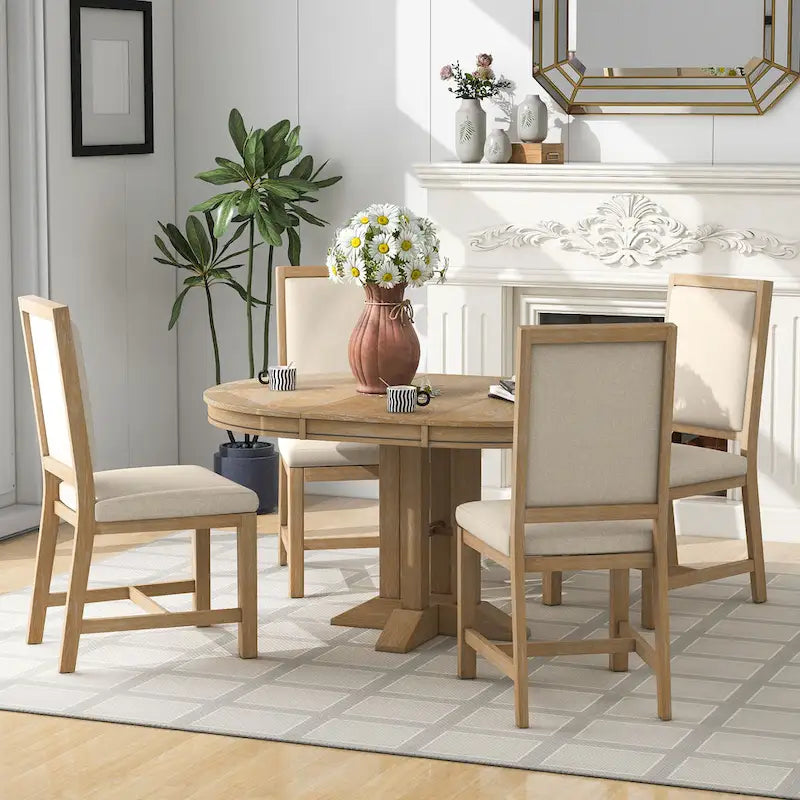 Ensemble de 5 meubles de cuisine en bois, ensemble de table à manger ronde extensible avec rallonge amovible et 4 chaises rembourrées