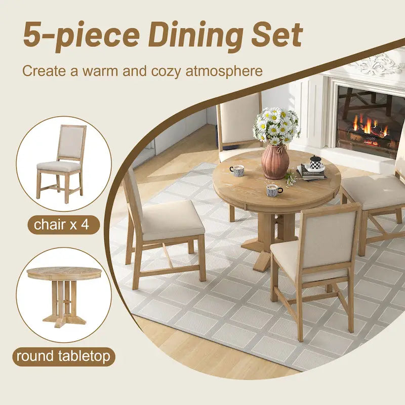 Ensemble de 5 meubles de cuisine en bois, ensemble de table à manger ronde extensible avec rallonge amovible et 4 chaises rembourrées
