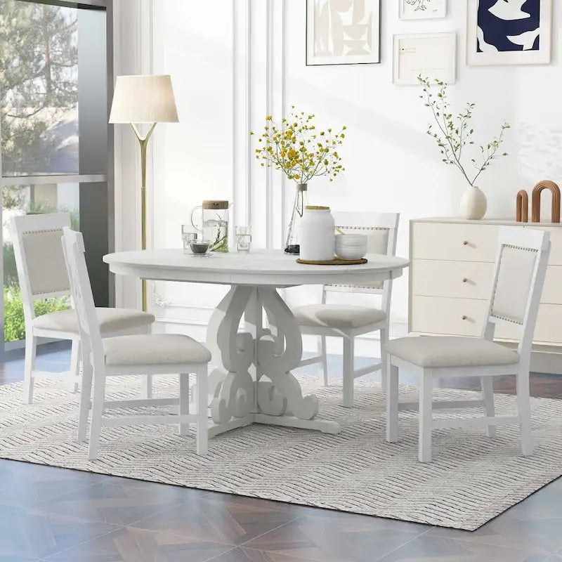 5 Piece Kitchen Dining Table Set, Wood Round Extendable Table Set with Leaf and 4 Upholstered Chairs with Decorative Nails