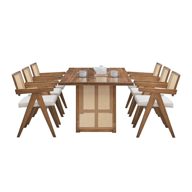 Ensemble de 7 pièces de table et chaises de salle à manger en bois, ensemble de table de cuisine en rotin avec table à manger rectangulaire et 6 chaises