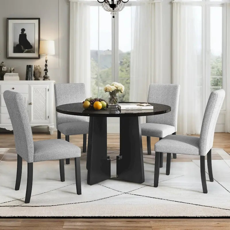 Ensemble de 5 meubles de salle à manger en bois, table ronde pour 4 personnes avec plateau effet marbre et 4 chaises rembourrées