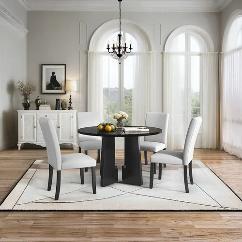 Ensemble de 5 meubles de salle à manger en bois, table ronde pour 4 personnes avec plateau effet marbre et 4 chaises rembourrées