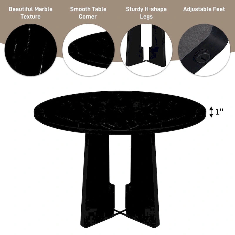 Ensemble de 5 meubles de salle à manger en bois, table ronde pour 4 personnes avec plateau effet marbre et 4 chaises rembourrées