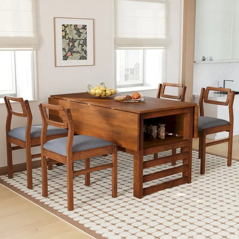 Ensemble de table à manger en bois pour 4 personnes, table de cuisine carrée extensible avec deux abattants, étagère de rangement et 4 chaises rembourrées