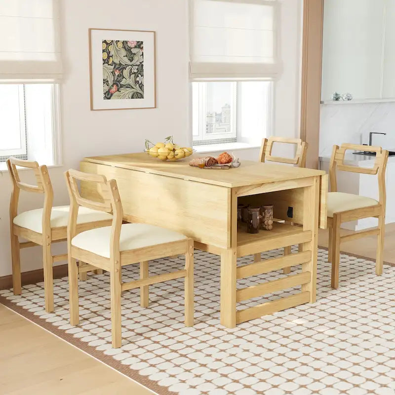 Ensemble de table à manger en bois pour 4 personnes, table de cuisine carrée extensible avec deux abattants, étagère de rangement et 4 chaises rembourrées