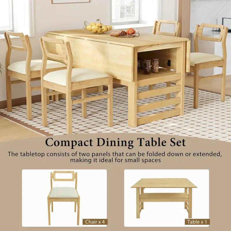 Ensemble de table à manger en bois pour 4 personnes, table de cuisine carrée extensible avec deux abattants, étagère de rangement et 4 chaises rembourrées