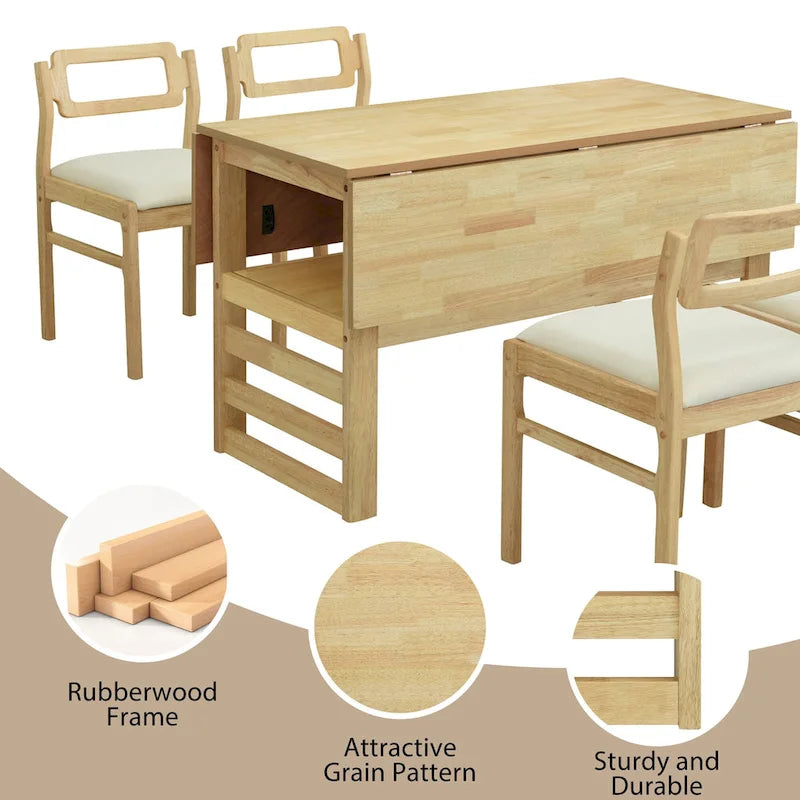 Ensemble de table à manger en bois pour 4 personnes, table de cuisine carrée extensible avec deux abattants, étagère de rangement et 4 chaises rembourrées