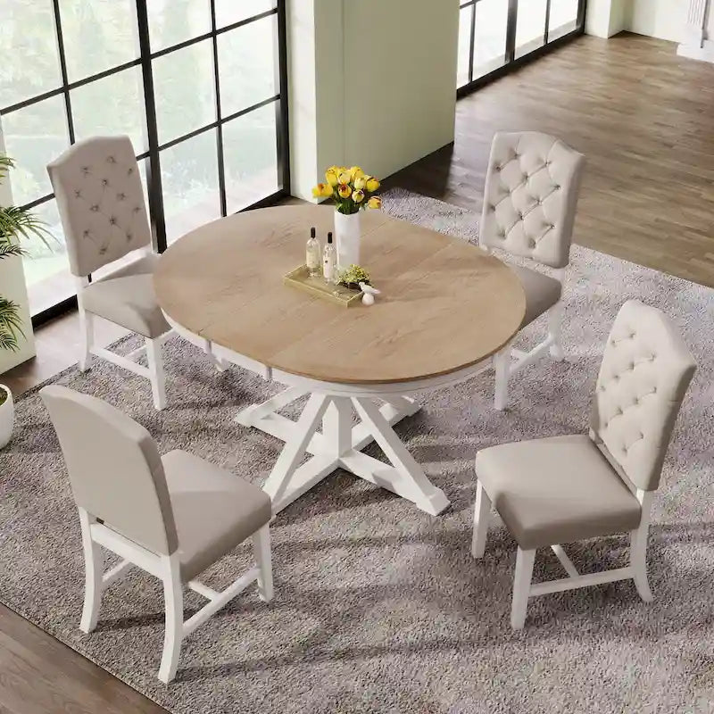Ensemble de 5 meubles de salle à manger rond en bois, table à manger et chaises de cuisine avec table extensible et 4 chaises rembourrées