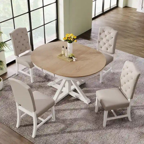 Ensemble de 5 meubles de salle à manger rond en bois, table à manger et chaises de cuisine avec table extensible et 4 chaises rembourrées