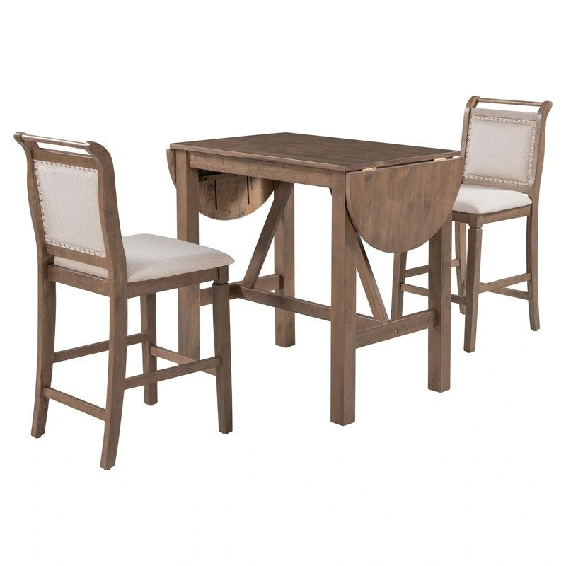 Ensemble compact 3 pièces à hauteur de comptoir Table à abattants en bois et 2 chaises de salle à manger rembourrées pour petits espaces