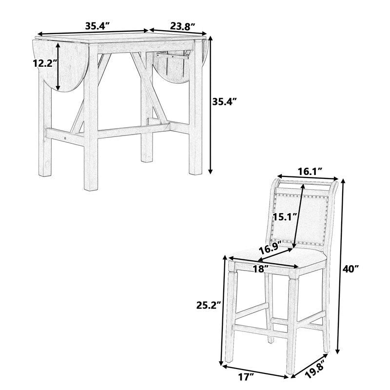 Ensemble compact 3 pièces à hauteur de comptoir Table à abattants en bois et 2 chaises de salle à manger rembourrées pour petits espaces