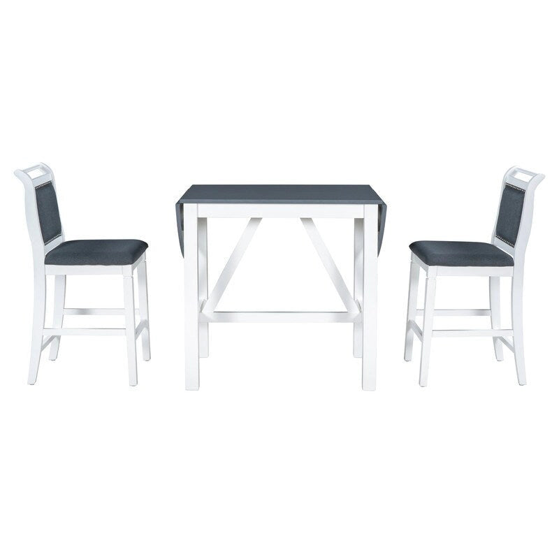 Ensemble compact 3 pièces à hauteur de comptoir Table à abattants en bois et 2 chaises de salle à manger rembourrées pour petits espaces