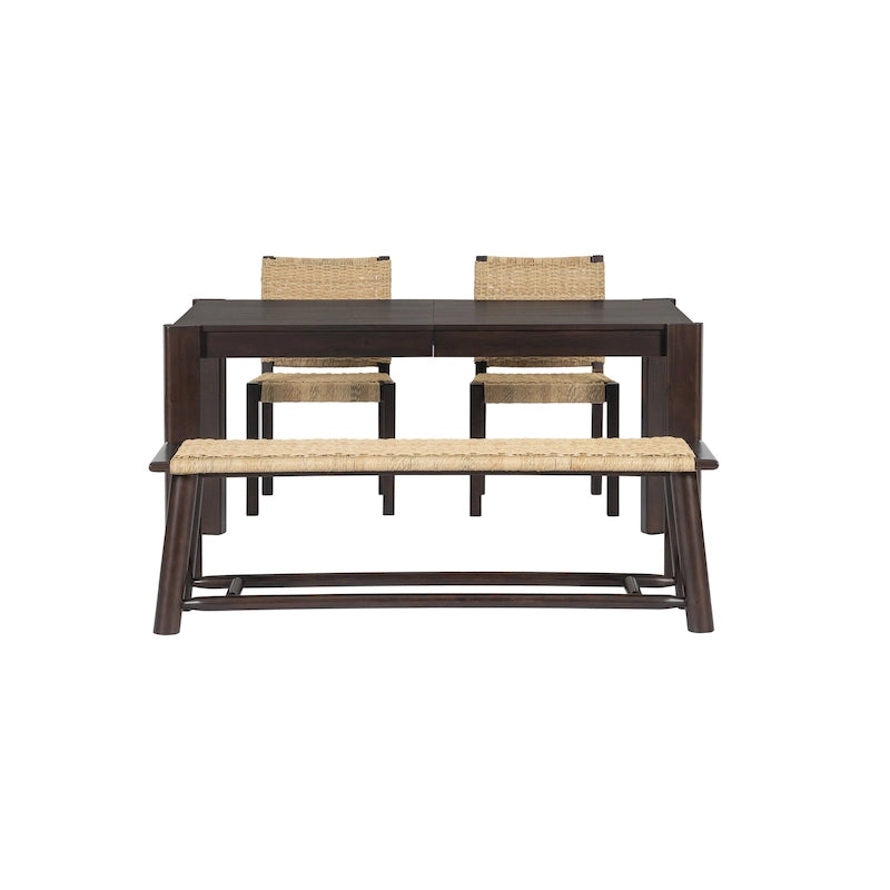 Ensemble de salle à manger en bois de ferme de 4 pièces, table de cuisine extensible avec 2 chaises à dossier incurvé et banc en rotin pour 4 à 8 personnes